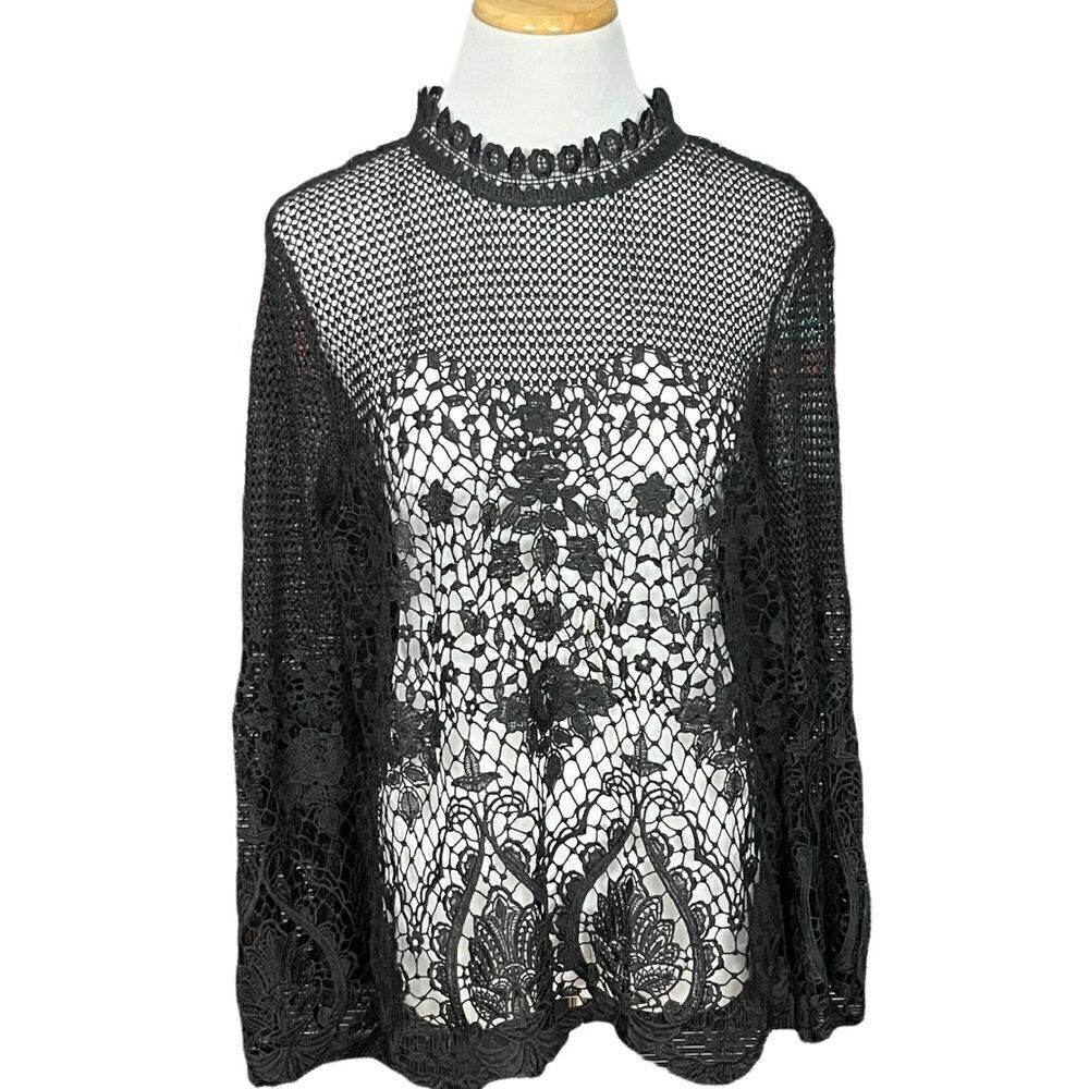 Bold Elements Black Crochet Lace Sheer Long Bell Sleeve Top XL